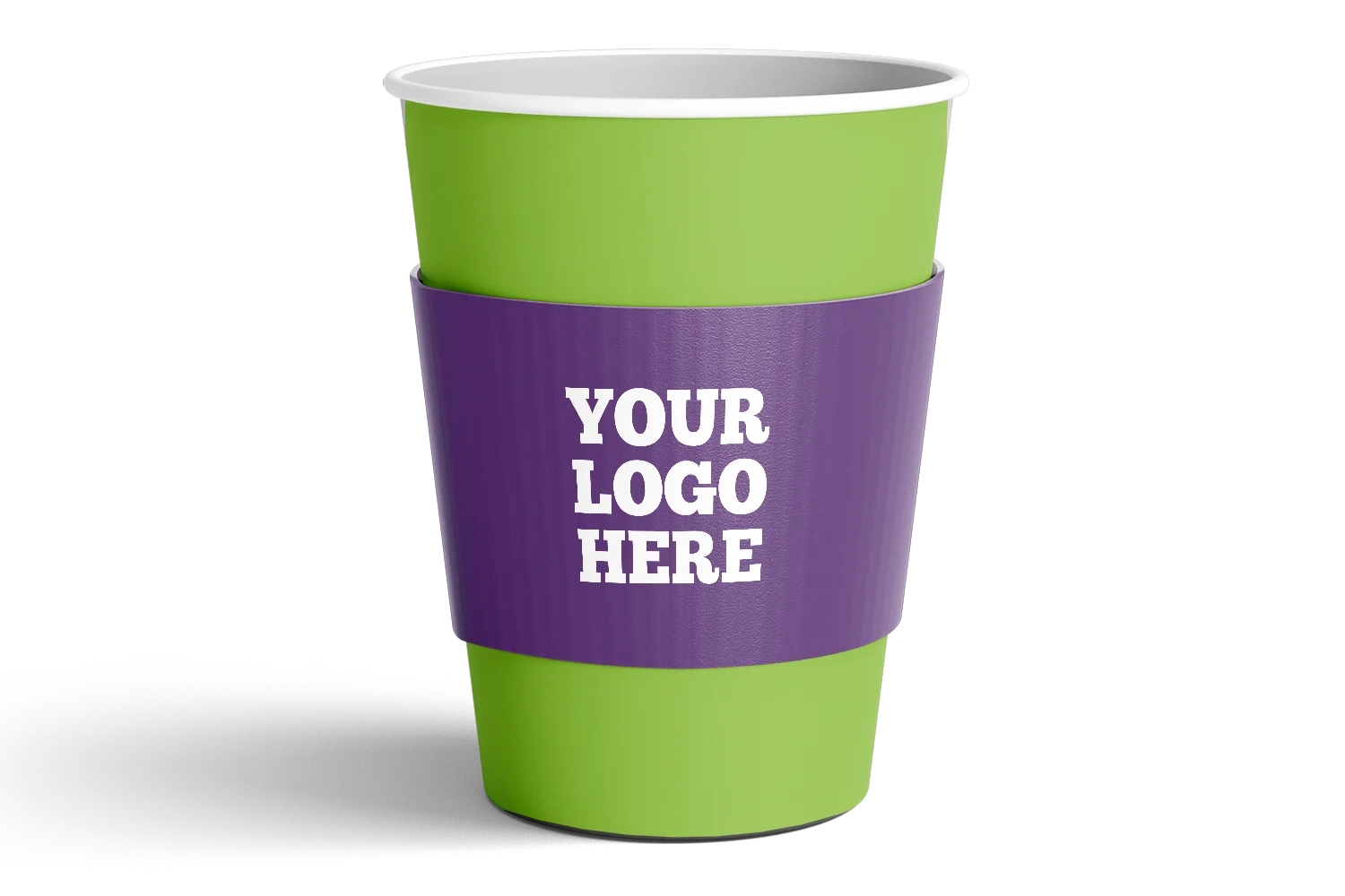 Custom-printed paper cup with a purple sleeve reading “YOUR LOGO HERE” and green bands