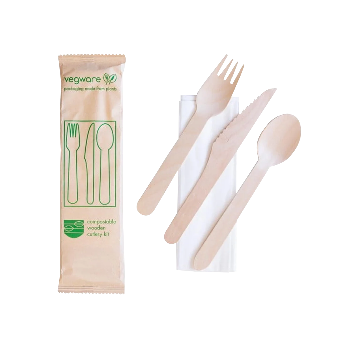 Compostable wooden cutlery pack beside a loose fork, knife and spoon