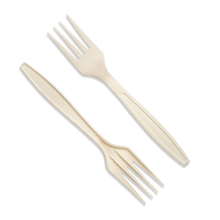 Two natural-coloured 7-inch cornstarch forks on a white background
