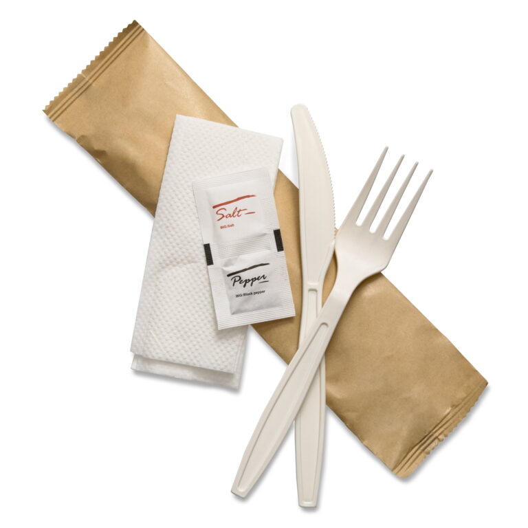 Cornstarch cutlery kit with a knife, fork, napkin, and salt and pepper sachets