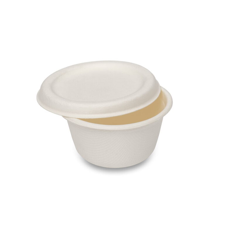 White 2oz bagasse portion pot with a matching lid, suitable for serving sauces and other foods