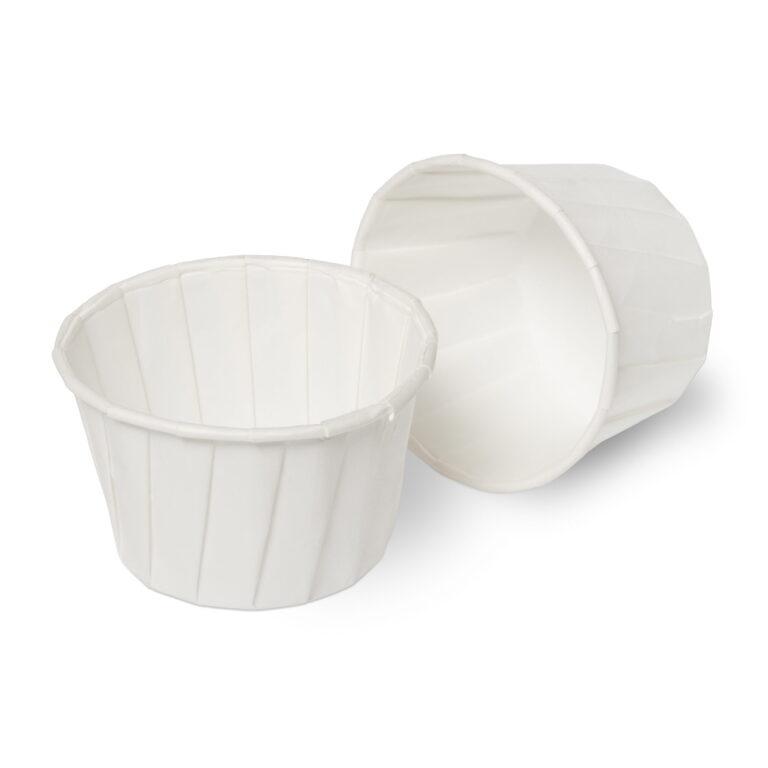 Two white 4oz paper portion pots, one upright and one lying on its side