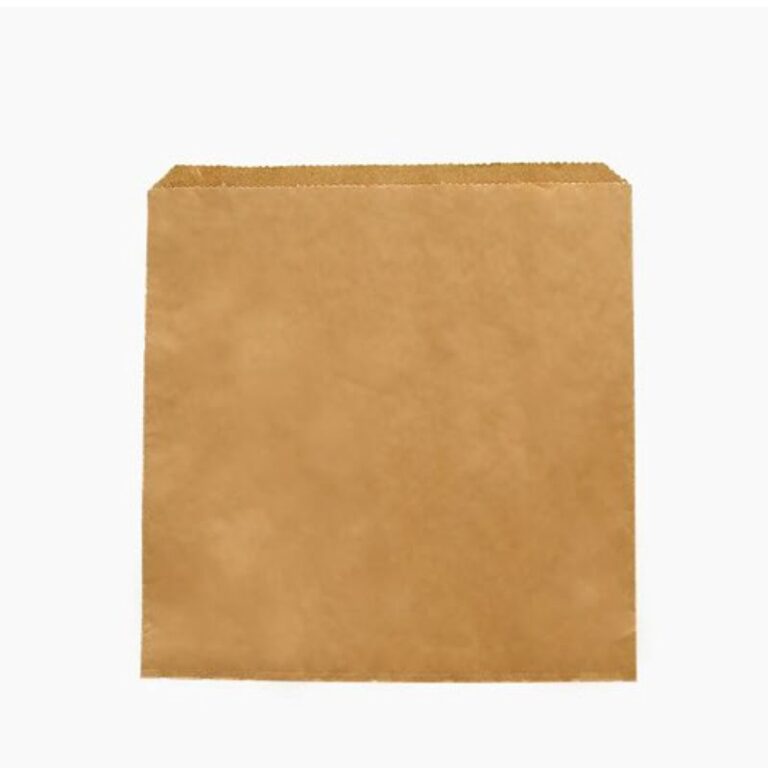Brown recycled kraft paper flat bag with a square shape and serrated open top