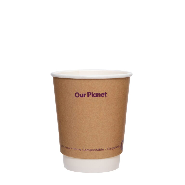 Planetware 8oz double wall hot cup in kraft brown with purple Our Planet text