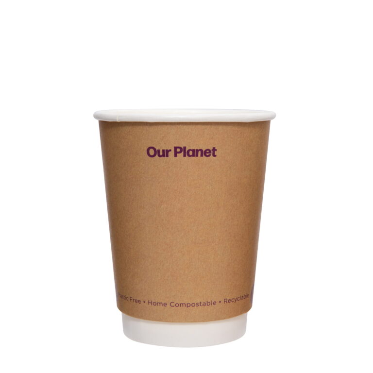 Planetware 12oz double wall hot cup in kraft brown with purple Our Planet text