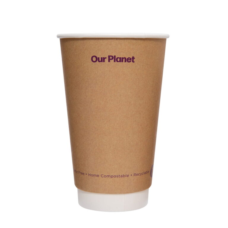Planetware 16oz double wall hot cup in kraft brown with purple Our Planet text