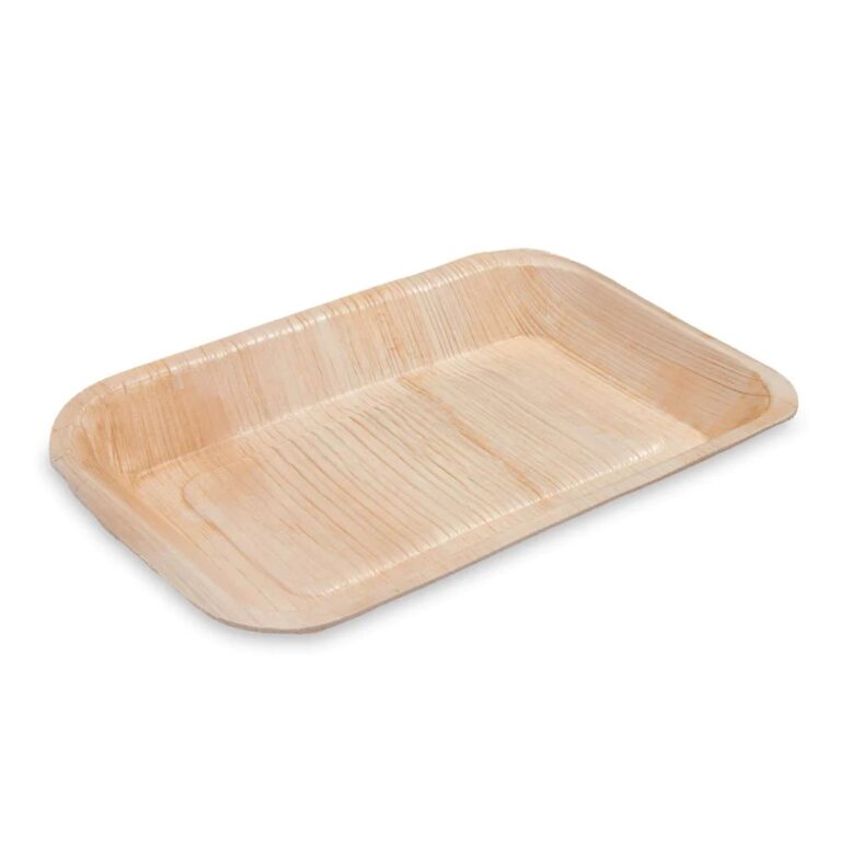 Rectangular compostable palm leaf plate with raised edges and natural wood-grain patterns