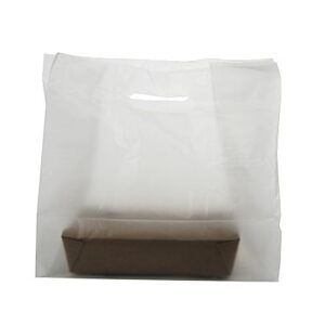 Frosted plastic carrier bag with an integrated handle and a rectangular kraft food box inside