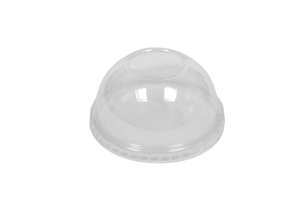 Clear domed rPET lid for an 8oz ice cream tub