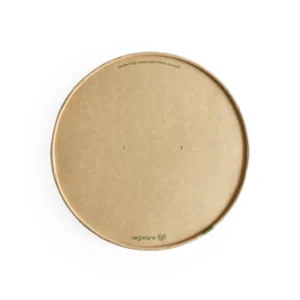 Round kraft paper lid with two vent holes and green Vegware compostable messaging.