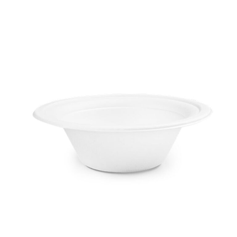 White 12oz tall bagasse bowl with a wide rim, suitable for hot, wet and oily foods