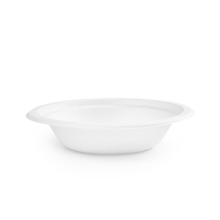 White wide bagasse bowl with a shallow profile and broad rim