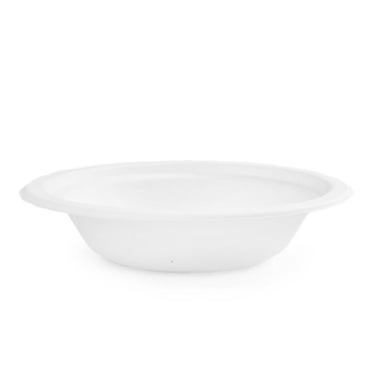 White 14oz wide bagasse bowl with a shallow design and broad rim