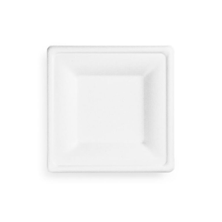 White 6-inch square bagasse plate with raised edges