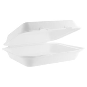 Vegware 9x8in Bagasse Lunch Box, white hinged takeaway box, shown empty on a white background