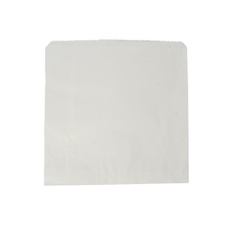 White square flat paper bag with a serrated top edge, shown against a plain white background