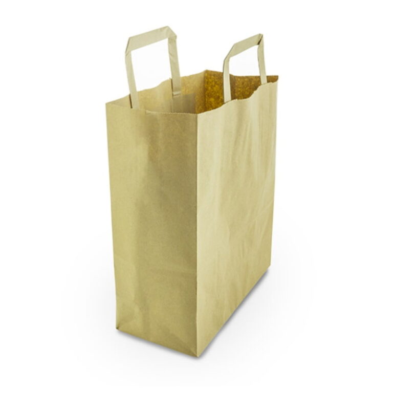 Brown recycled paper carrier bag with internal tape handles, shown upright against a white background