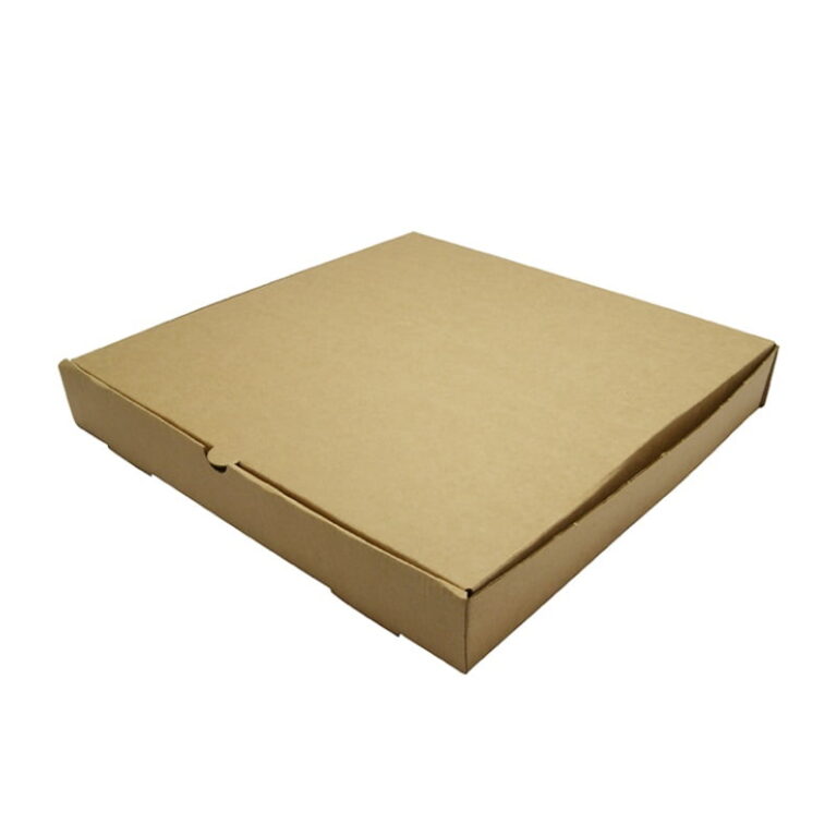 Vegware 12in pizza box in brown kraft, shown closed