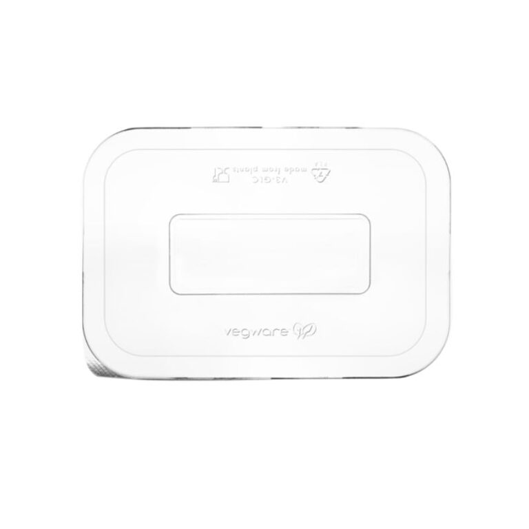 Vegware Size 3 Gourmet PLA Lid, clear PLA lid, shown on a white background