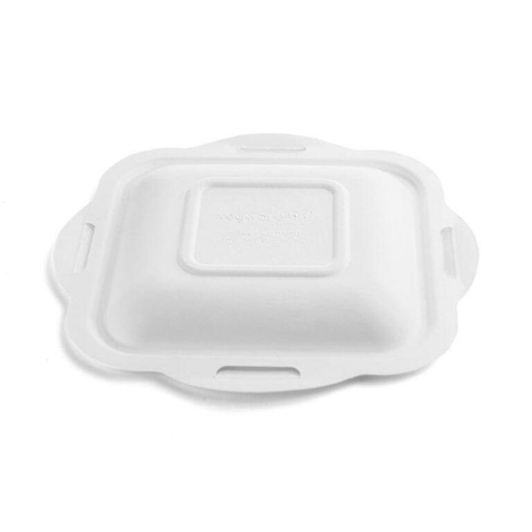Vegware Size 4 Gourmet Bagasse Lid, white bagasse lid, shown on a white background