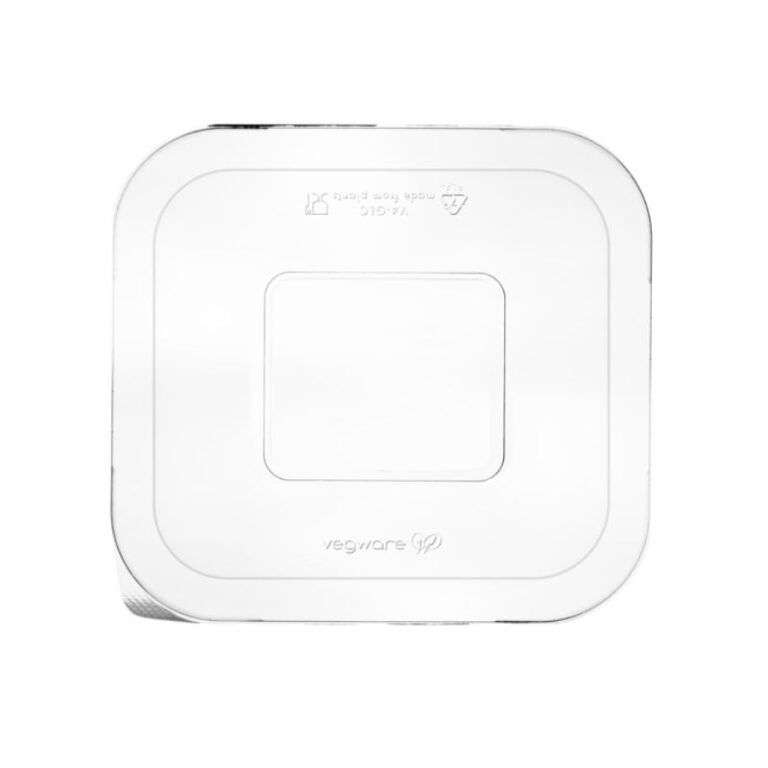 Vegware Size 4 Gourmet PLA Lid, clear PLA lid, shown on a white background