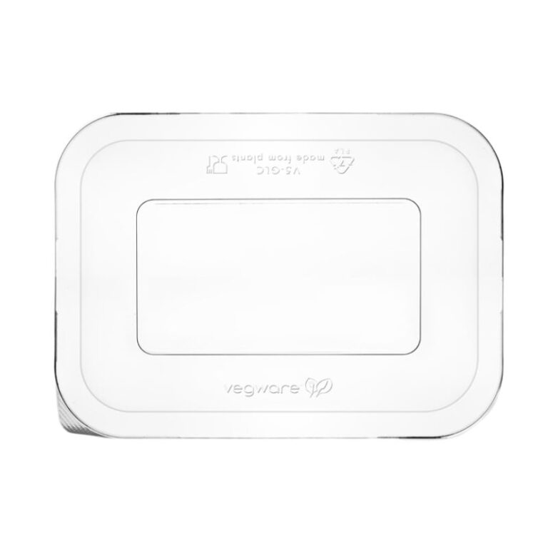 Vegware Size 5 Gourmet PLA Lid, clear PLA lid, shown on a white background