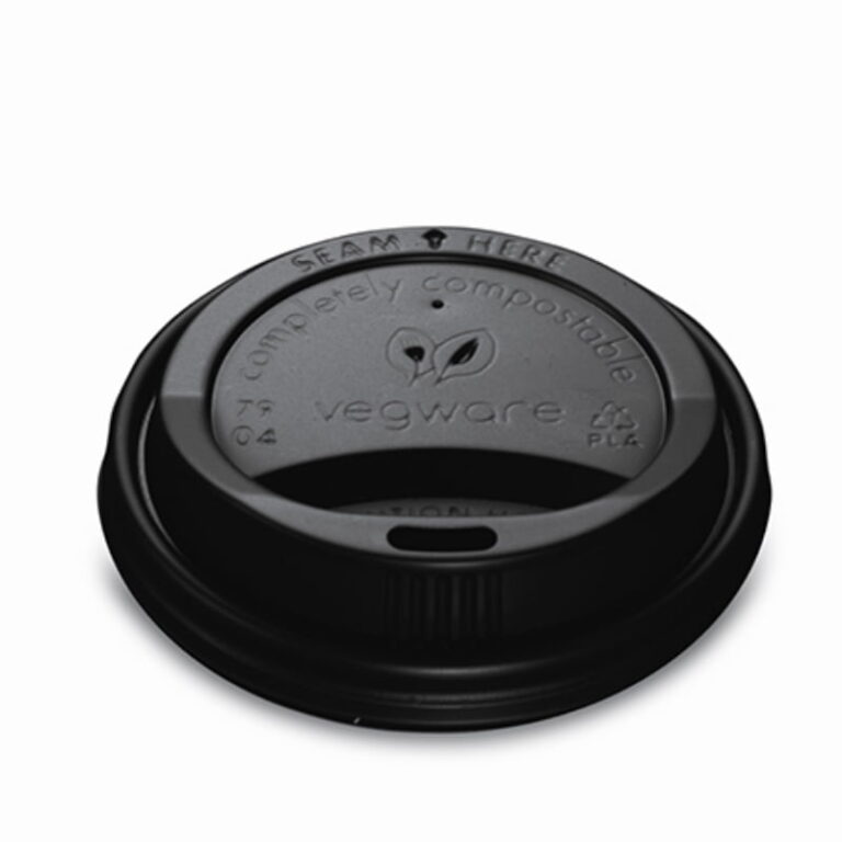 Black compostable sip-through lid for a Vegware 79-Series hot cup