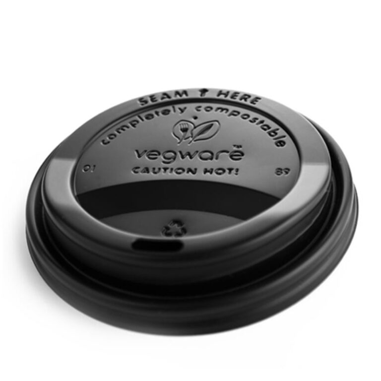 Black CPLA sip-through lid for Vegware 89-Series hot cups, embossed with compostable messaging