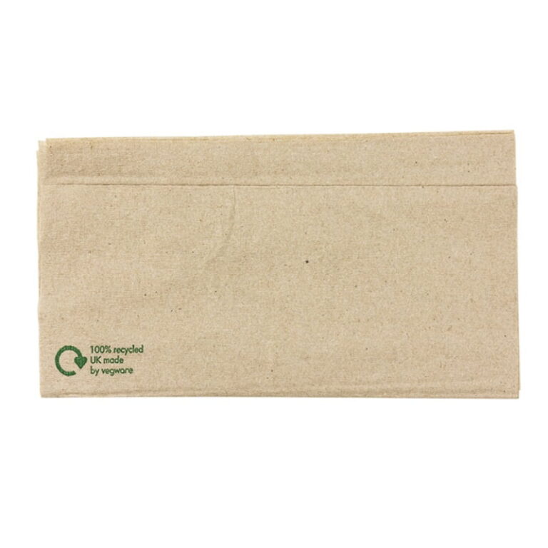 Stack of unbleached single-ply dispenser napkins with a green recycled paper logo