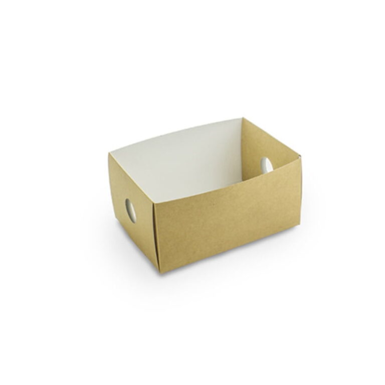 Empty Vegware platter box eighth insert with kraft sides, a white interior and finger holes