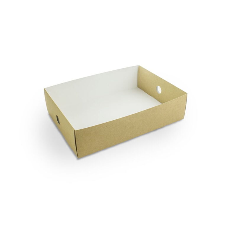 Empty Vegware platter box half insert with kraft sides, a white interior and finger holes