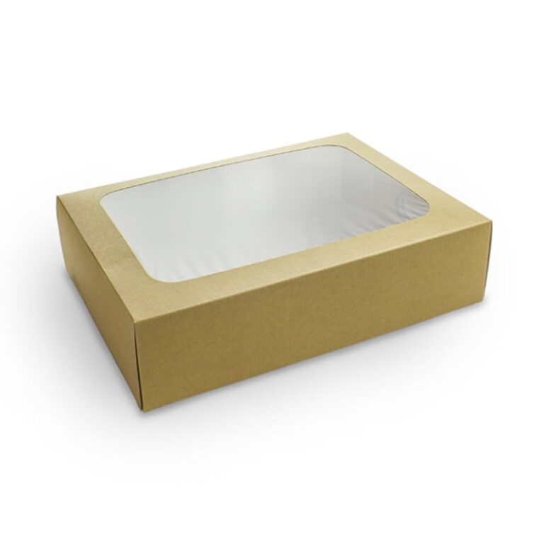 Vegware regular platter box in brown kraft with a clear window, shown empty
