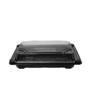 Vegware No. 2 sushi tray with a black base and separate clear lid