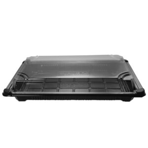 Vegware No. 4 sushi tray with a black base and separate clear lid