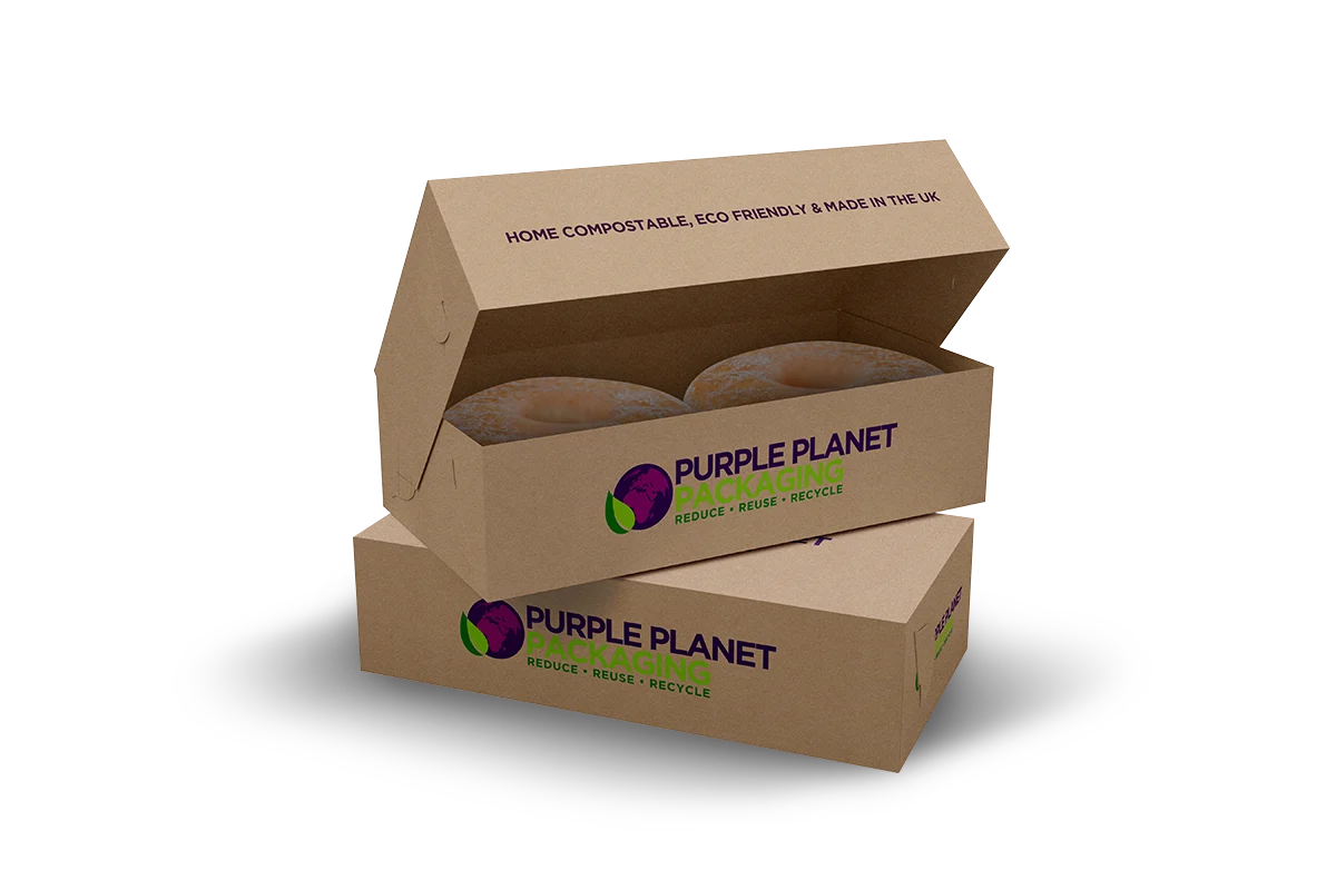 Two stacked kraft cardboard food boxes, one open to reveal round baked goods, with Purple Planet Packaging branding.