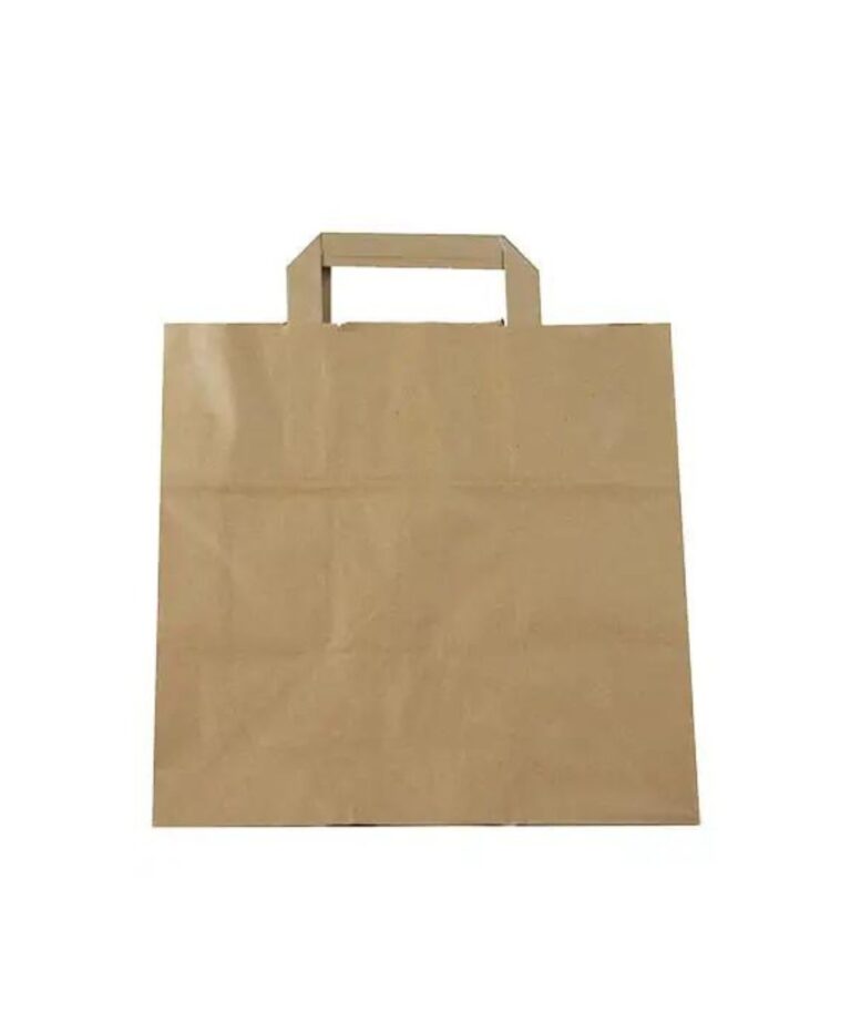 Brown kraft wide carrier bag with flat paper handles, shown empty on a white background