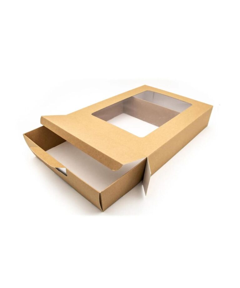Empty medium platter box with inner tray partly drawn out beneath its clear window cover