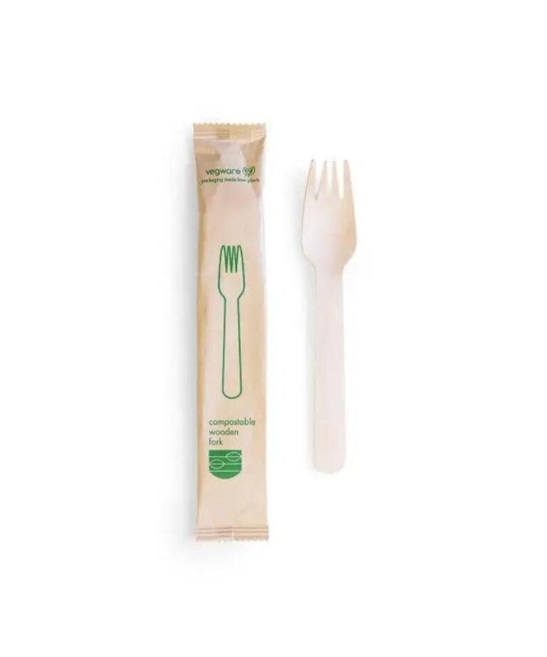 Wrapped wooden fork beside an unwrapped wooden fork on a white background.