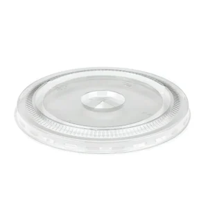 Clear flat rPET cup lid with a central straw slot