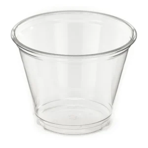 Clear 9oz rPET squat cold cup with a wide rim and sturdy base