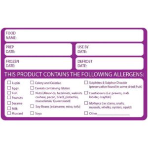 Allergen date and prep label with food name, date fields and allergen checklist