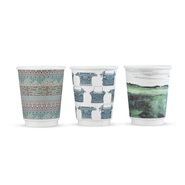Vegware 8oz Gallery double wall cups with assorted artist prints; designs may vary