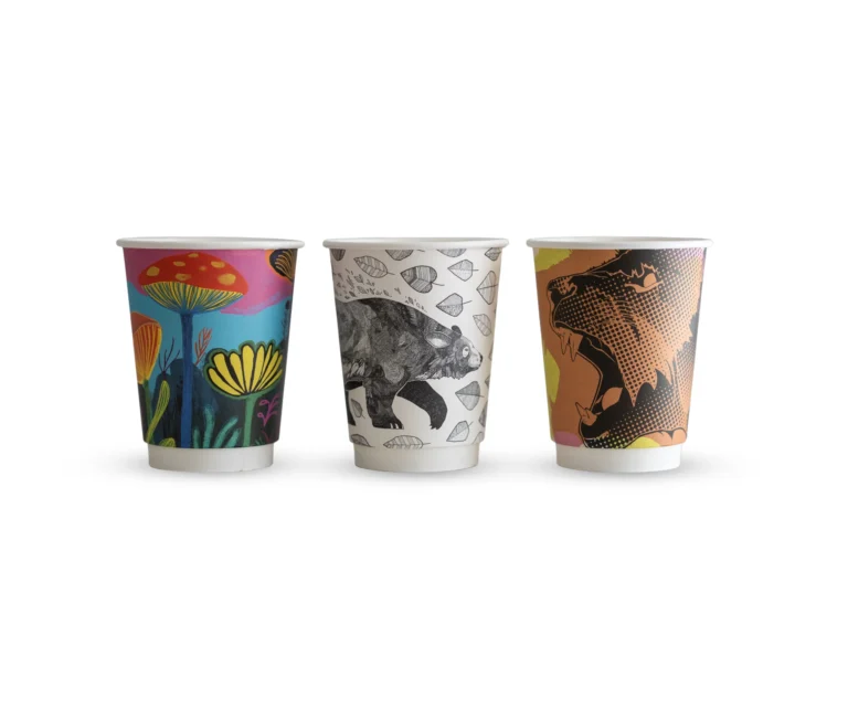 Vegware 12oz Gallery double wall cups with assorted colourful artist prints; designs may vary