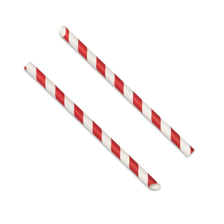 Red and white angle-cut paper straws, 12mm diameter and 229mm long