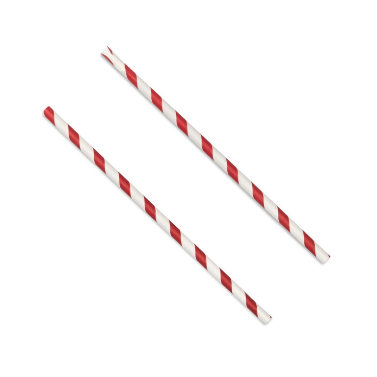 Red and white paper spoon straws, 8mm diameter and 229mm long