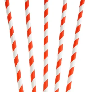 Five red-and-white striped paper straws on a white background