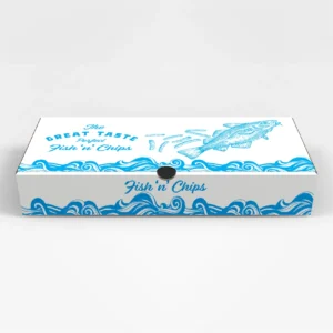 Large white fish and chips takeaway box with blue fish, wave graphics and “Fish n Chips” design.