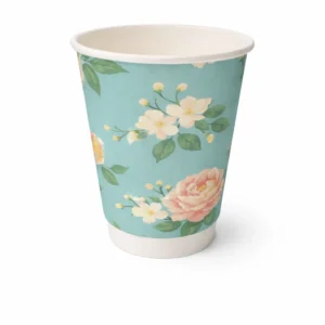 12oz Spring Cup with a pale blue floral pattern, white rim and white base