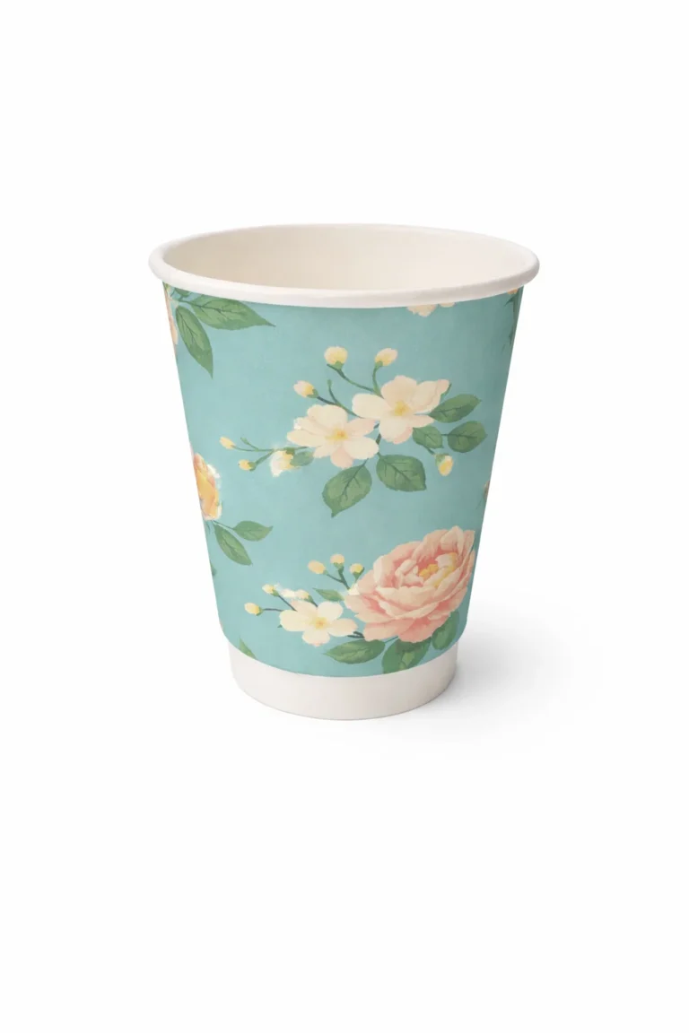 Planetware 12oz Spring Floral cup with pale blue background, flowers and green leaves
