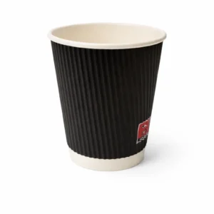 Black ripple-wall takeaway paper cup with a white rim and base